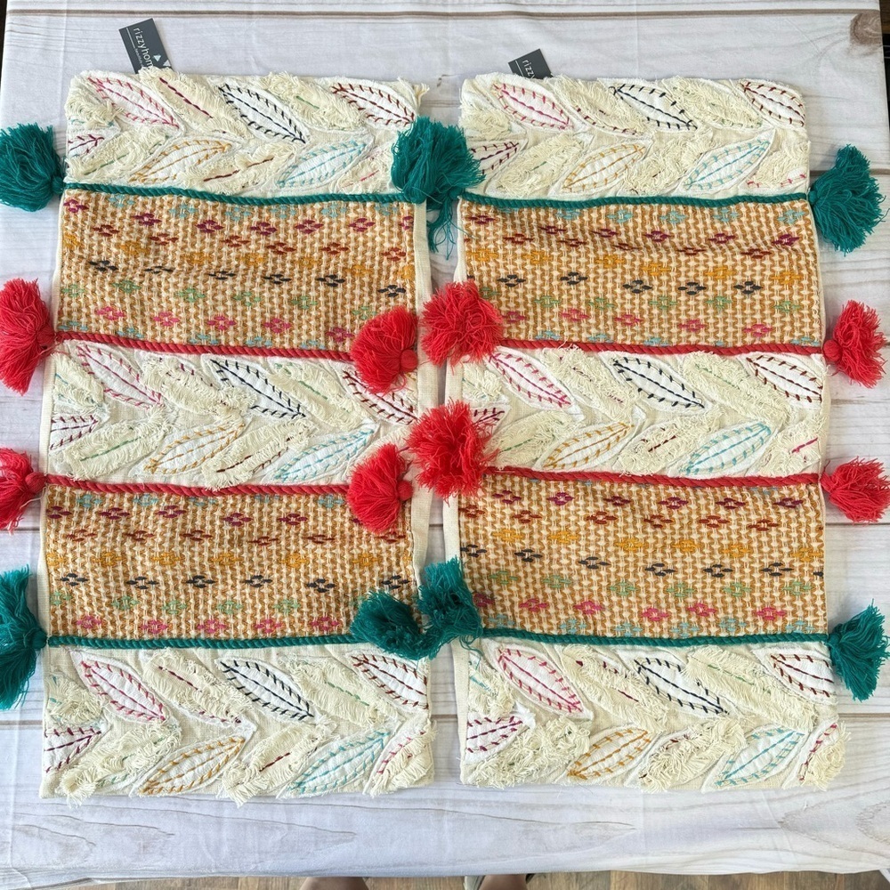 Set of 2 Boho Multicolor Woven Leaves Canvas Throw Pillow Covers Tassels 14x26”